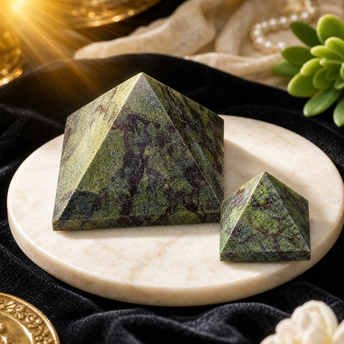 A medium and a small dragon's blood jasper pyramid on a marble dish, mossy green stone streaked with deep red