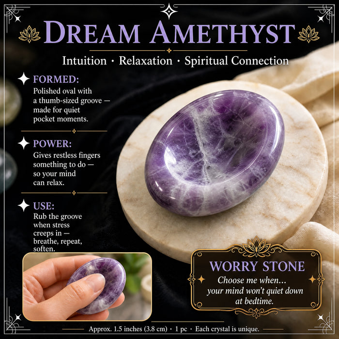 Dream Amethyst worry stone: purple swirled with white, with a thumb groove