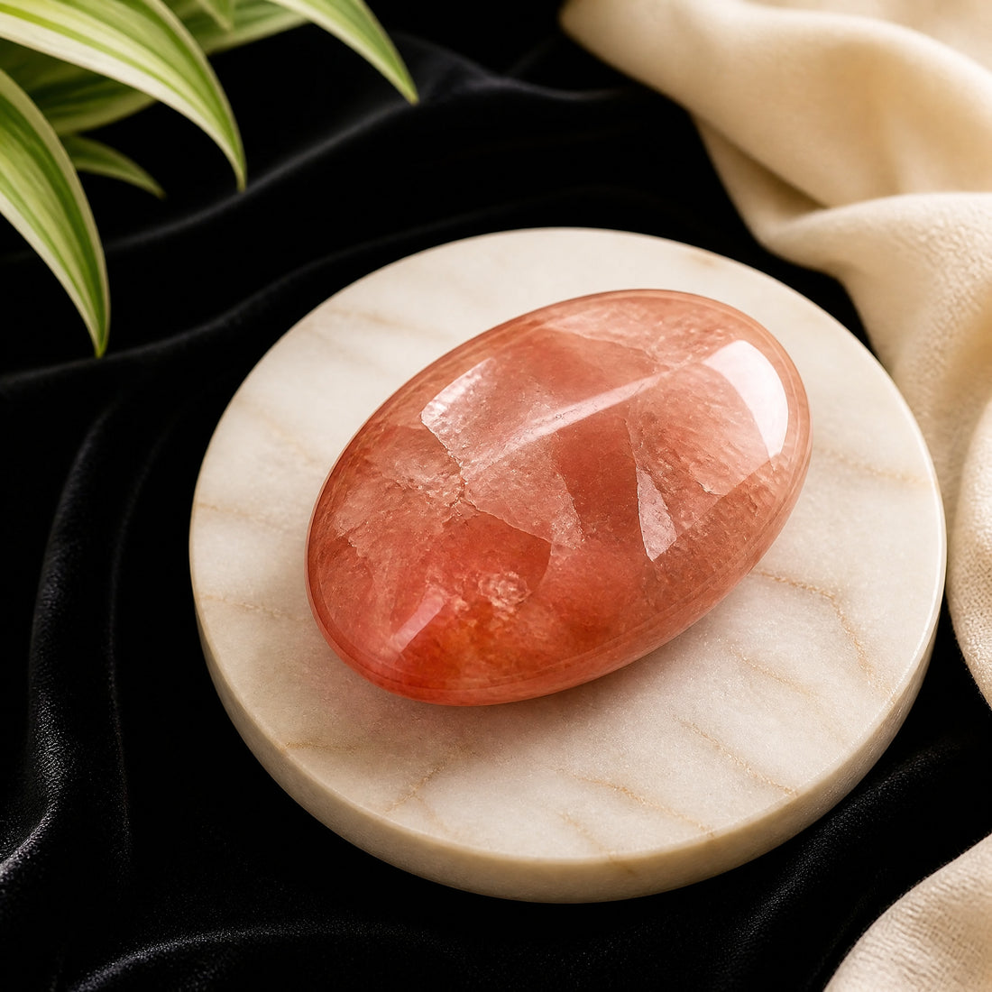 A polished oval fire quartz palmstone glowing red-orange on a pale marble dish
