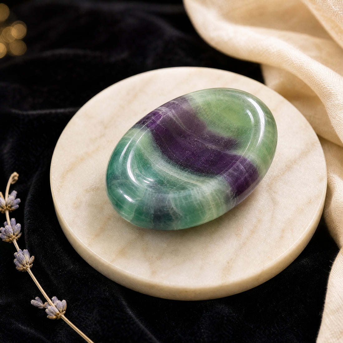A polished oval fluorite worry stone with a shallow thumb groove and bands of green and purple, resting on a marble coaster