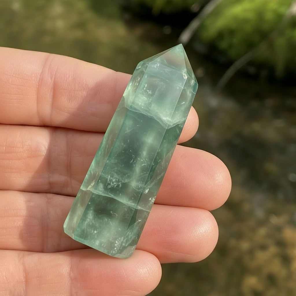 A translucent green fluorite mini point resting across the fingers of an open hand beside a stream