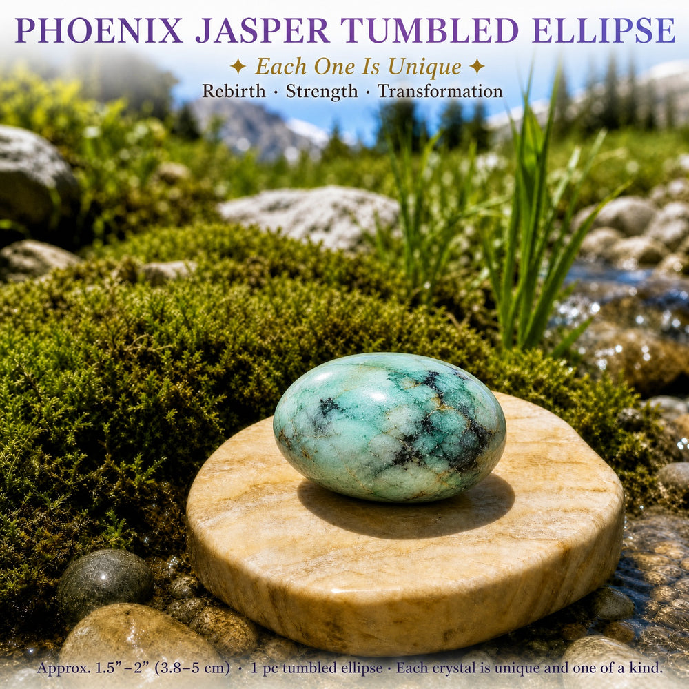 A seafoam green phoenix jasper ellipse with dark mottling, resting on a stone slab beside moss and a mountain stream