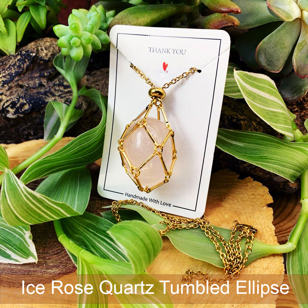 The gold chain-basket necklace on its card, cradling a pale pink rose quartz ellipse