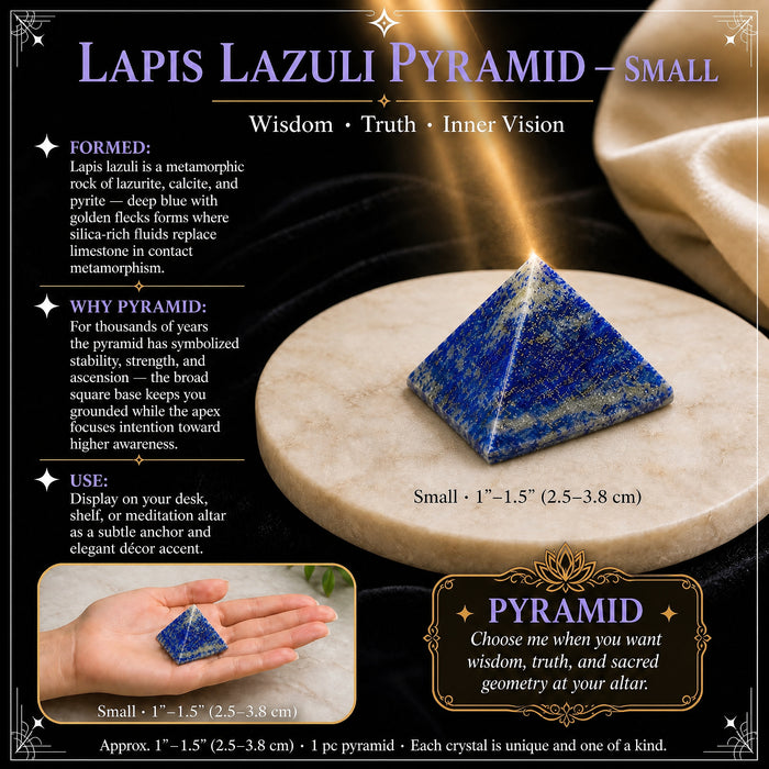Small lapis lazuli pyramid on a marble dish, with an inset of it resting in an open hand