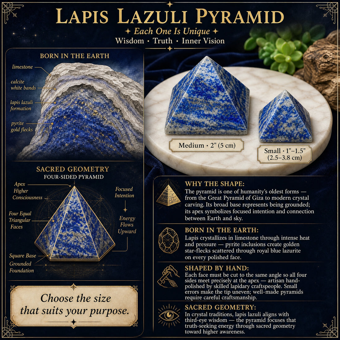 Lapis lazuli pyramid guide card with a diagram of the four-sided pyramid shape and the two pyramid sizes