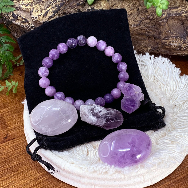 FREE GIVEAWAY!  Lepidolite Mala and Amethyst Pouch Set (Just Pay Cost of Shipping)