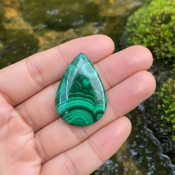 A polished malachite teardrop cabochon resting on an open palm, its concentric emerald and deep green bands curving across the dome