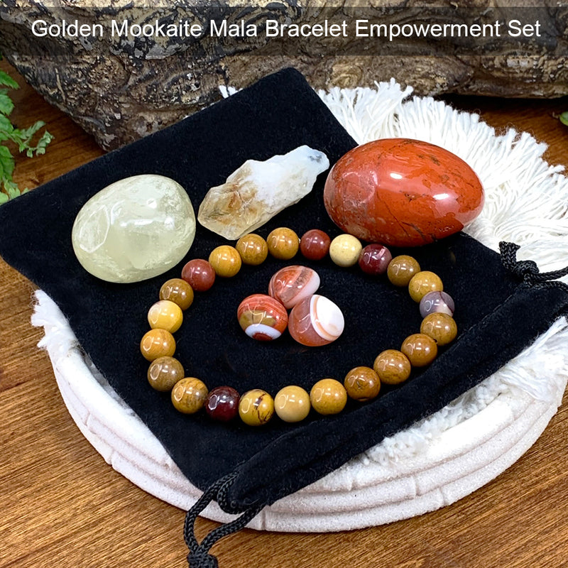 Golden Mookaite Mala Bracelet Empowerment Pouch Set