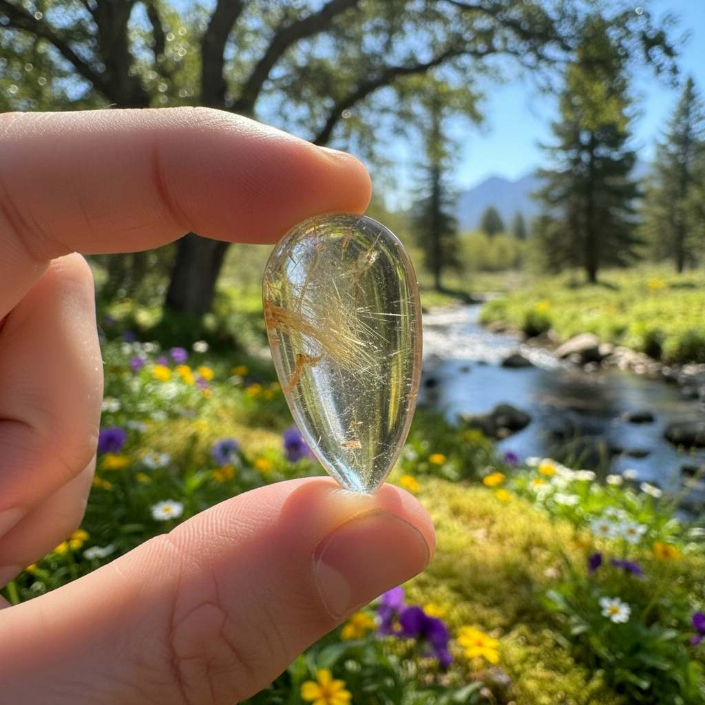An Angel Hair Rutilated Quartz teardrop held up to sunlight, golden rutile strands glowing inside the clear quartz