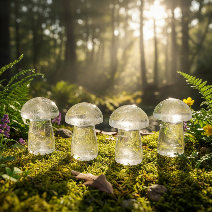 Four clear quartz mushrooms on moss in a sunlit forest