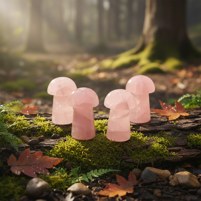 Four pink rose quartz mushrooms on moss among autumn leaves
