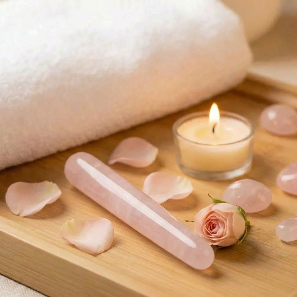 A slim, polished pale pink rose quartz massage wand on a wooden tray with rose petals, a candle and tumbled rose quartz