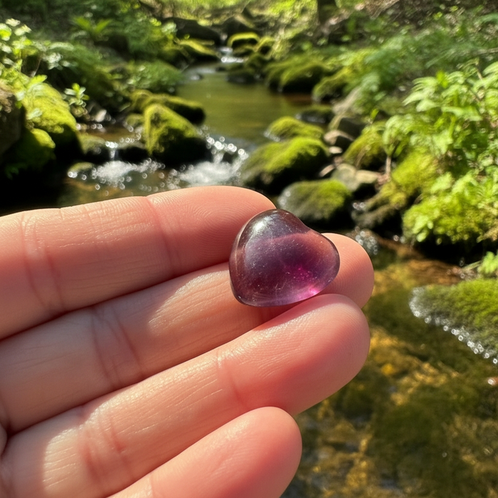 A small purple fluorite heart resting on the fingertips beside a mossy stream