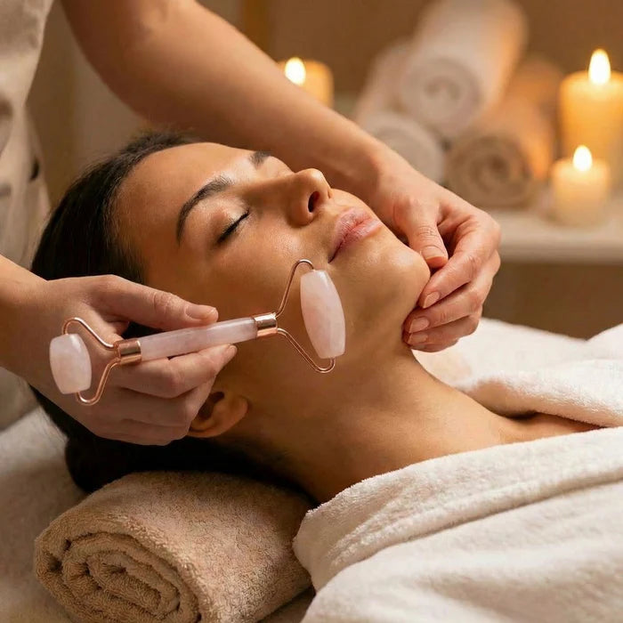 A rose quartz facial roller gliding along the jaw of a relaxed woman during a candlelit spa treatment