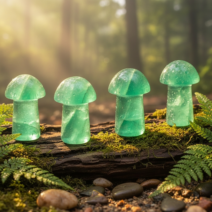 Four green fluorite mushrooms on a mossy log with ferns