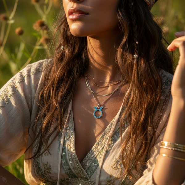The Taurus opal pendant worn below the collarbone with an embroidered top in warm evening light
