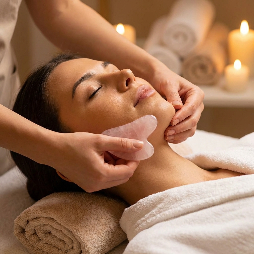 A heart-shaped rose quartz gua sha gliding along the jawline during a candlelit facial massage
