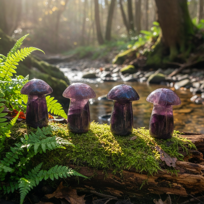 Four purple fluorite mushrooms on a mossy log beside a forest stream