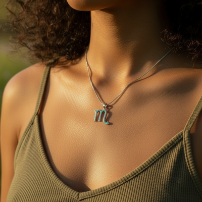 The Scorpio opal pendant worn on a fine silver chain at the collarbone