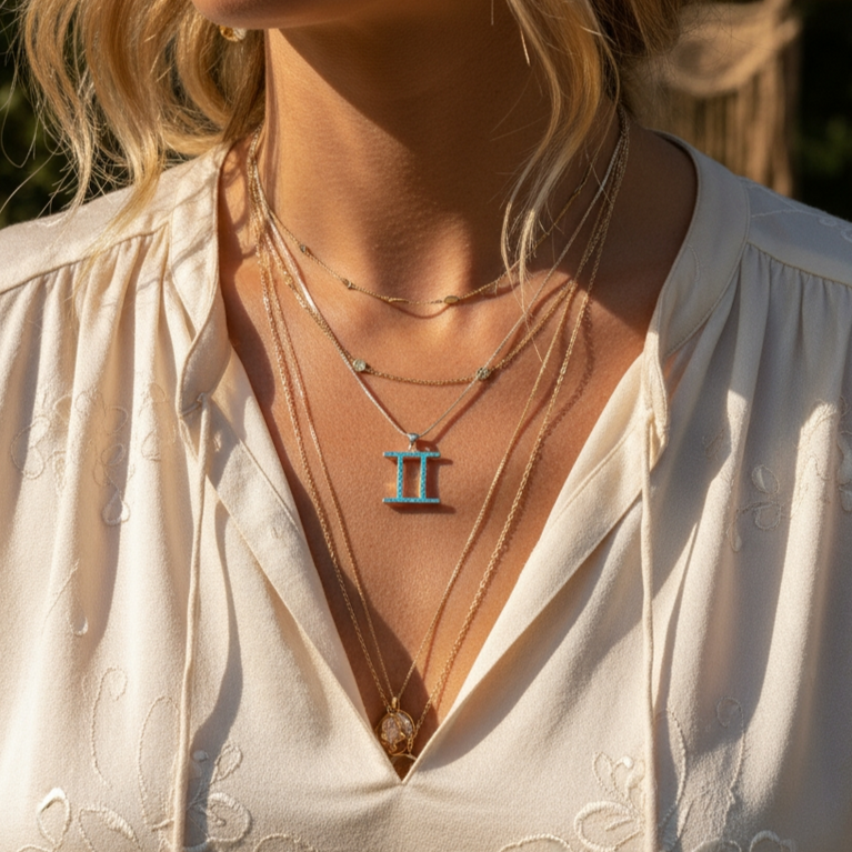 The Gemini opal pendant worn at the collarbone, layered with other fine necklaces