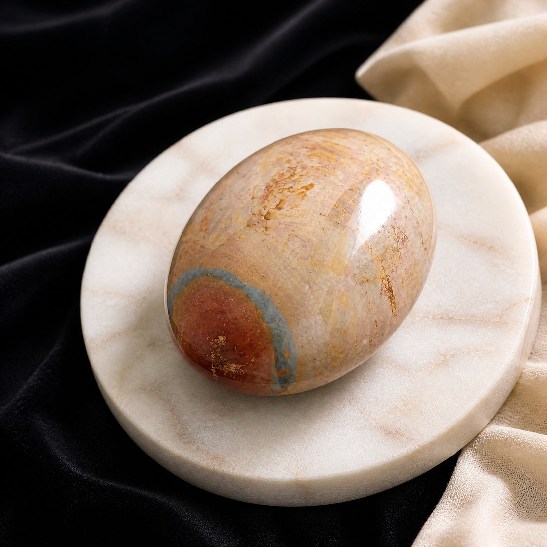 A glossy oval polychromatic jasper palmstone in peach and cream, with a red patch ringed in blue-grey, on a white marble dish