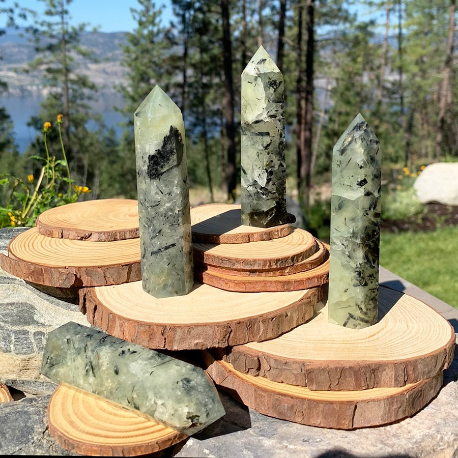 Four pale green prehnite points with dark tourmaline needles, standing and lying on wooden slices outdoors in sunlight