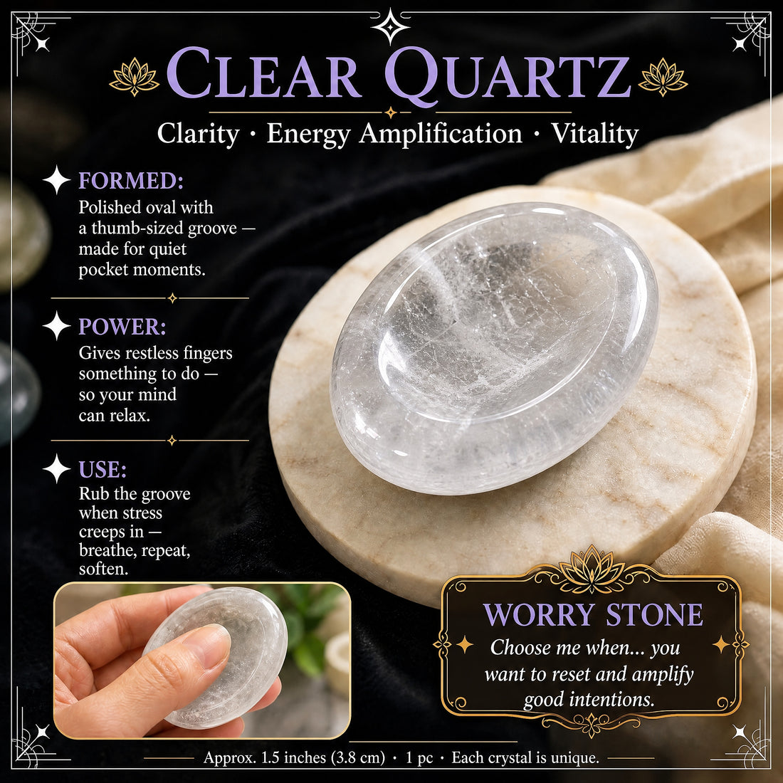 Polished clear quartz worry stone on a marble coaster, with an inset of a thumb resting in its oval groove