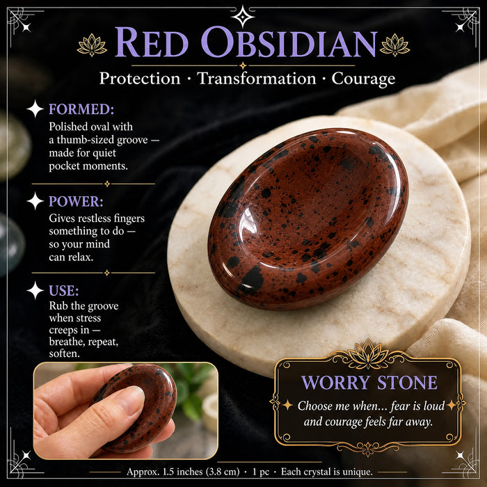 Red Obsidian worry stone: black mottled with red-brown, with a thumb groove