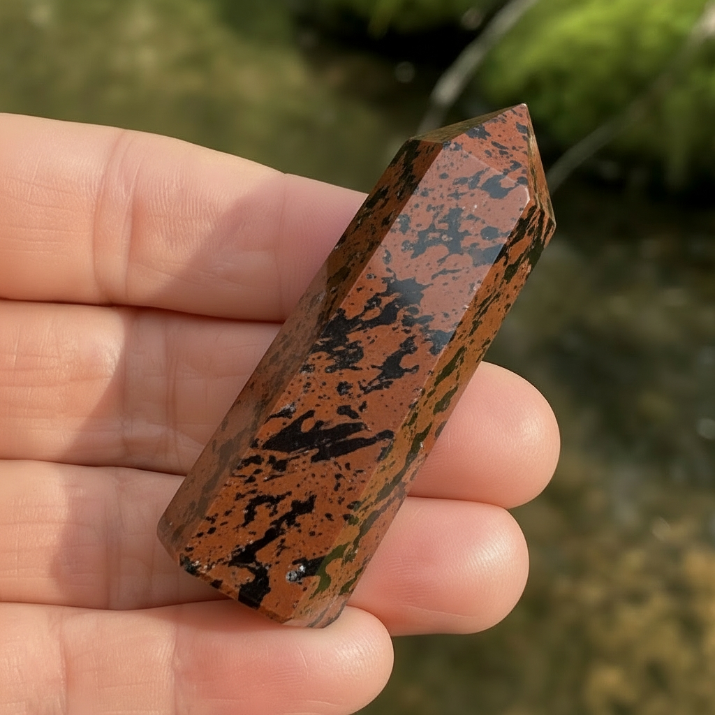 Red obsidian mini point lying across the fingers of one hand, showing red-brown stone patched with black