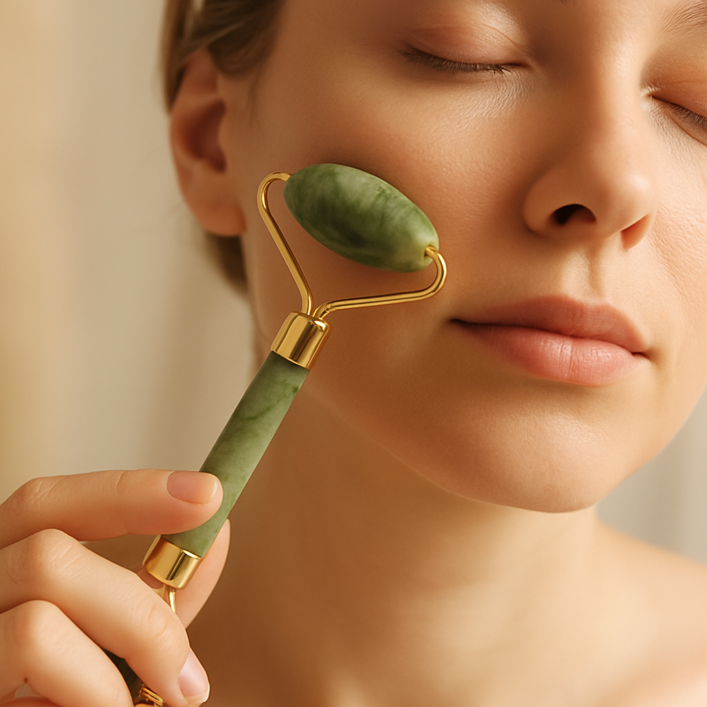 A woman gliding the jade facial roller along her cheek