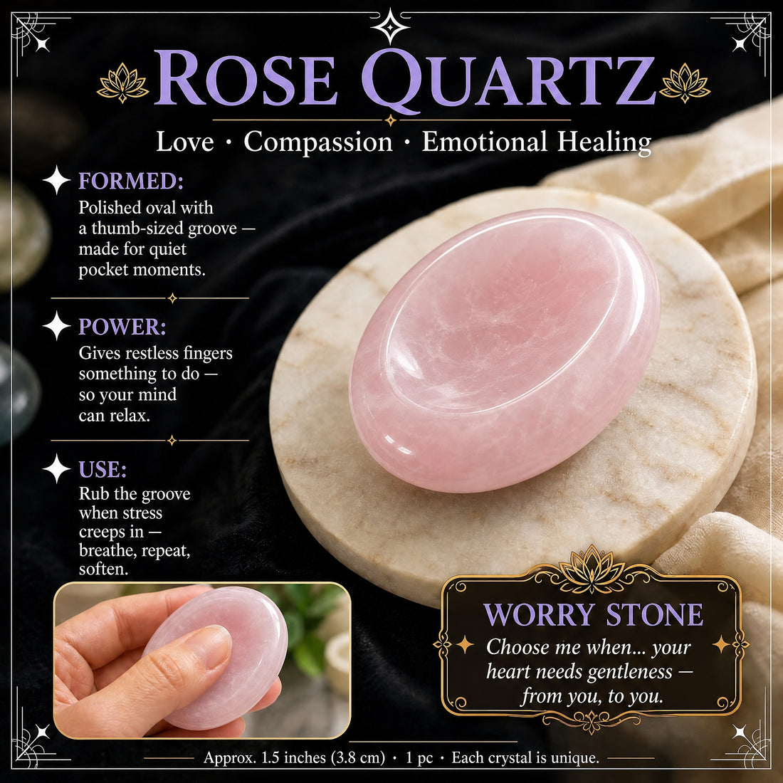 Polished pink rose quartz worry stone on a marble coaster, with an inset of a thumb resting in its oval groove