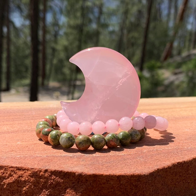 Rose Quartz Crescent Moon Shape + Mala Bracelets Gift Set