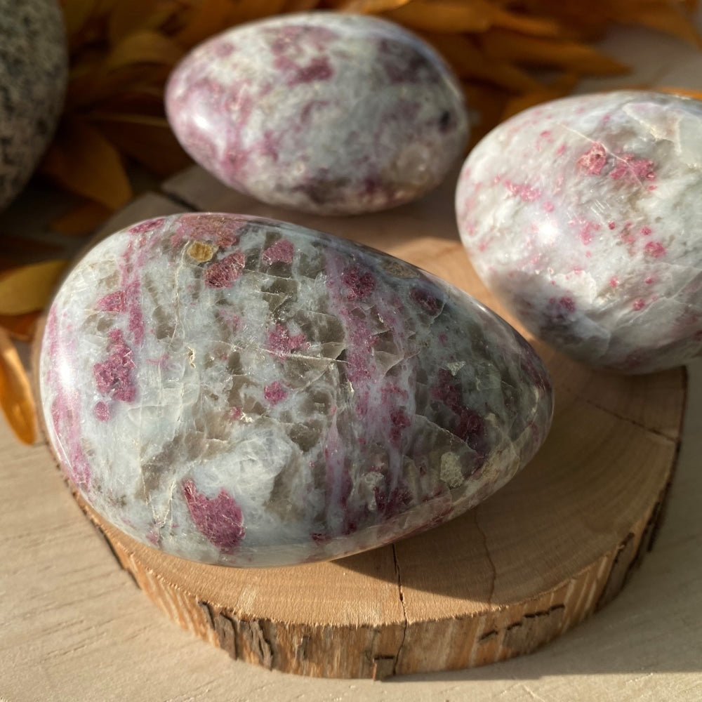 Three rubellite tourmaline palmstones with pink patterning in warm sunlight on a wood slice