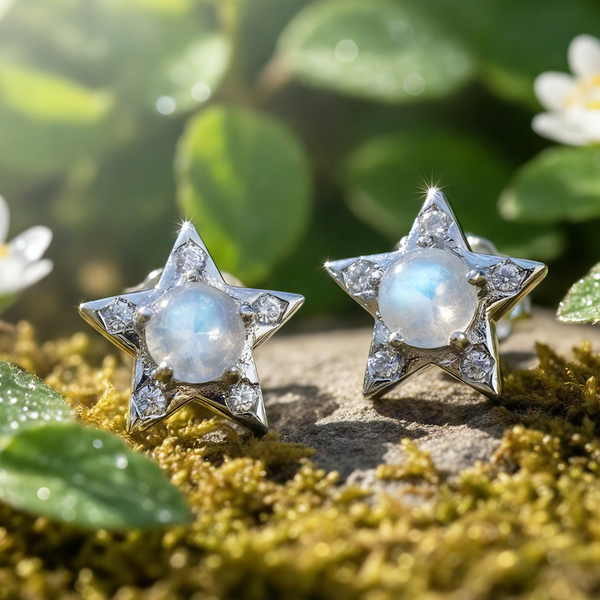 Moonstone & Silver Star Stud Earrings