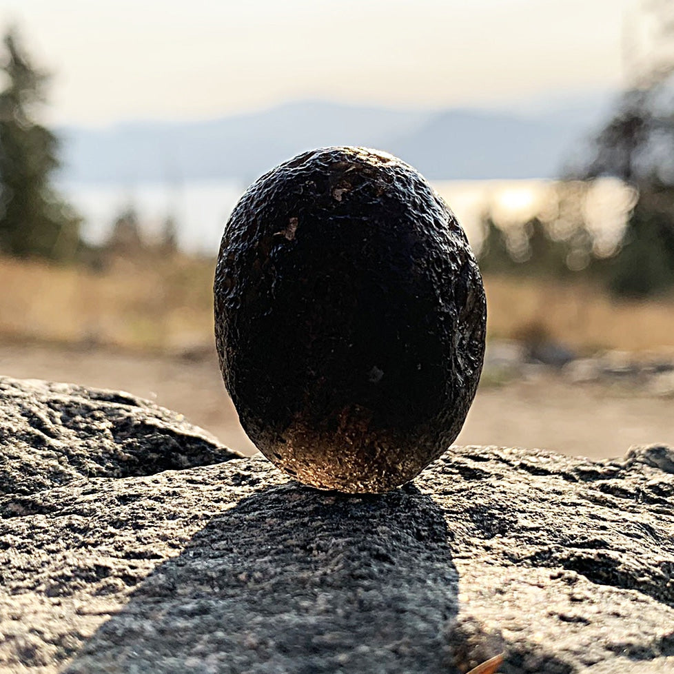 A black, pitted tektite standing upright on a granite rock above a lake