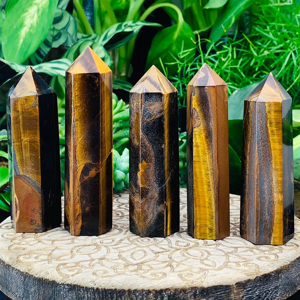 Five tiger's eye points in a row on a carved wooden stand, each with a different pattern of gold, brown and dark bands