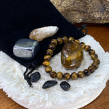 Tigerauge Mala Armband Fortitude Beutel Set